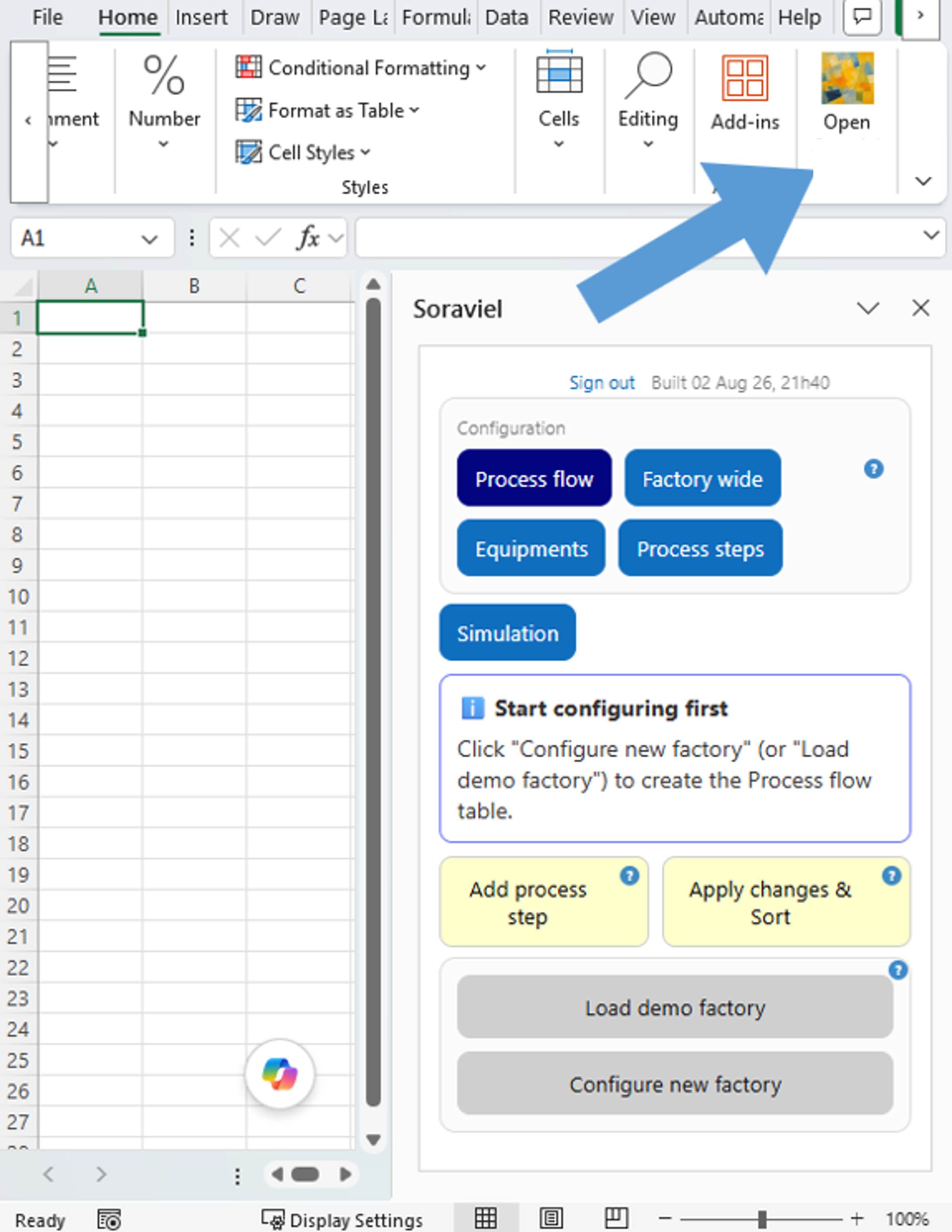 Screenshot of the Excel factory-analysis add-in